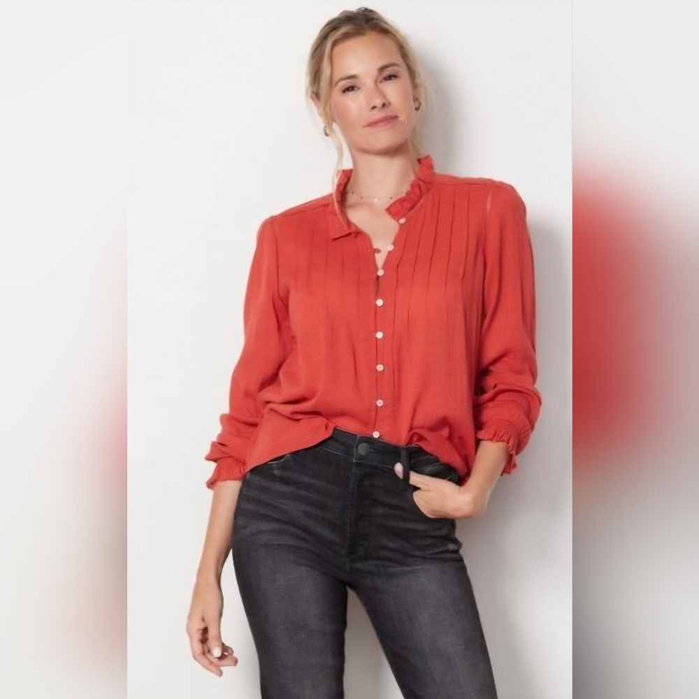 Faherty Willa Top Carmine Color Red/Pink Button Up Ruffled Mock Neck Size Xs
